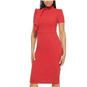 Maggy London Red Sheath Dress Bow Neckline Puff Sleeves Sz 6 Classic Mod
